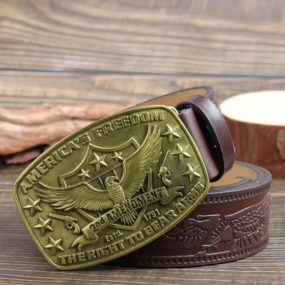 America Second Amendment Belt‎ Buckle 2A, 2nd, Freedom, Guns Antique Gold Tone - Picture 3 of 5